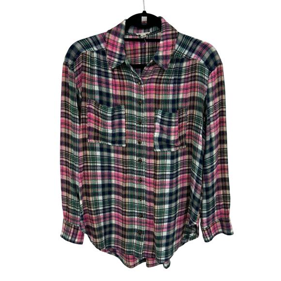 Pilcro Anthro Pink Green Plaid Hadley Relaxed Button Down Womens Petite Small - Picture 1 of 5